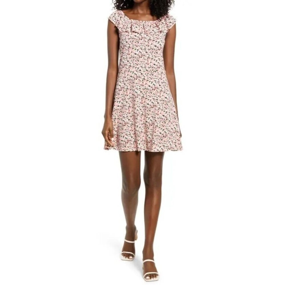 VERO MODA Kimmie Floral Ruffle Neck Minidress In Roseate Spoonbill Size‎ M NWT